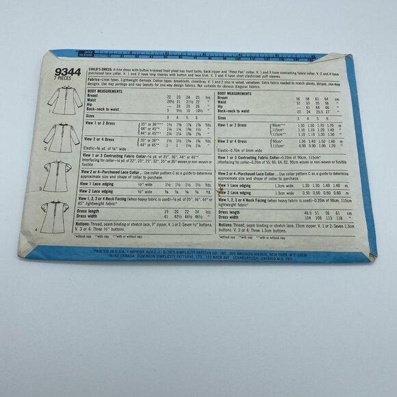 Simplicity 9344 Child Girl's A-Line Dress w/ Button Trim Size 6 Vintage Cut 1979 - Picture 4 of 5